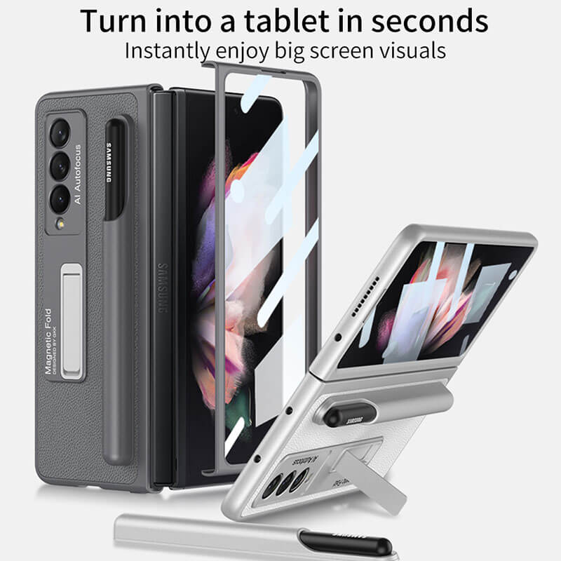 Newest Magnetic Folding Stand Tempered Glass Film Removable Pen Case Leather Phone Case For Samsung Galaxy Z Fold 3 5G
