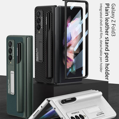 Newest Magnetic Folding Stand Tempered Glass Film Removable Pen Case Leather Phone Case For Samsung Galaxy Z Fold 3 5G
