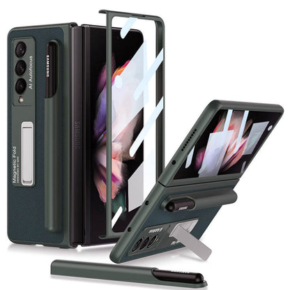 Newest Magnetic Folding Stand Tempered Glass Film Removable Pen Case Leather Phone Case For Samsung Galaxy Z Fold 3 5G