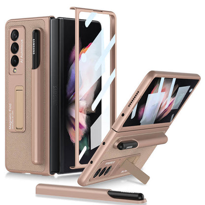 Newest Magnetic Folding Stand Tempered Glass Film Removable Pen Case Leather Phone Case For Samsung Galaxy Z Fold 3 5G