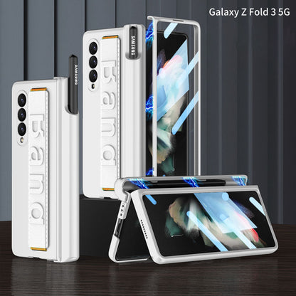 Magnetic Hinge S Pen Slot Luxury Wristband Holder Phone Case For Samsung Galaxy Z Fold4 Fold3 5G Case With Back Screen Glass Protector Samsung Cases