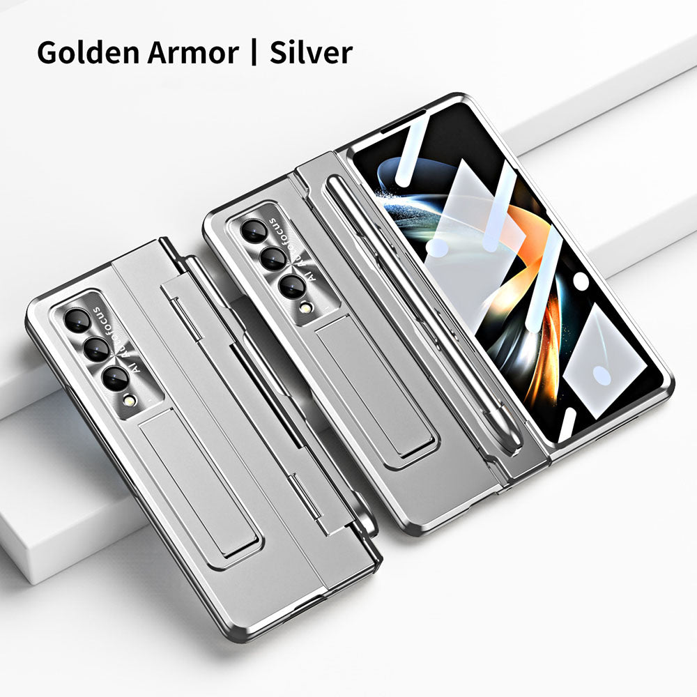 Hinge Plated Aluminum Alloy Phone Case For Samsung Galaxy Z Fold3 Fold4 5G With Screen Protector