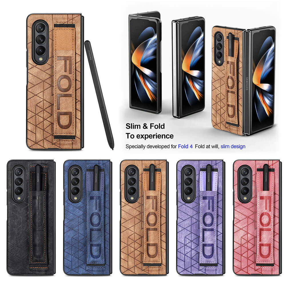 Newest Elastic Stretch Wrist Strap Pencil Pouch Leather Phone Case For Galaxy Z Fold4 Fold3 Samsung Cases
