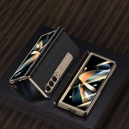 Handmade Leather Crocodile Pattern Phone Case With Back Screen Protector For Samsung Galaxy Z Fold3 Fold4 Fold5 5G